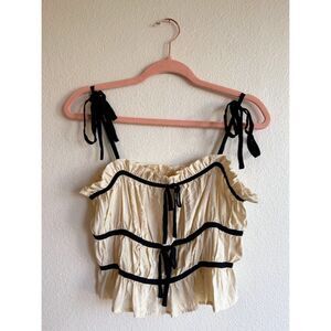 Ruffle Milkmaid Crop Top in Cream with Black Contrast Bow Trim & Shoulder Ties S